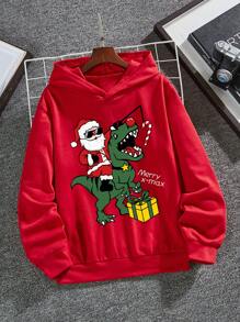 SHEIN Áo nỉ tay rớt in họa tiết Giáng sinh cho bé trai tuổi teen, thích hợp cho mùa Thu/Đông. - Đỏ - Xem 1