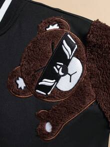 Tween Boy Bear Embroidery Striped Trim Drop Shoulder Varsity Jacket Without Sweatshirt - Black - View 6