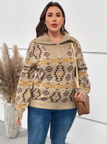 EMERY ROSE Talla grande Jersey con patrón geométrico con cremallera media de hombros caídos - Multicolor - Ver 5