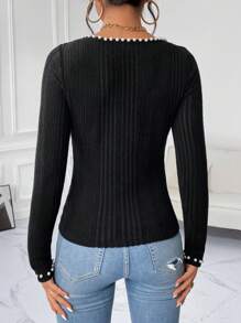 SHEIN Privé Pearls Beaded Scoop Neck Black Tee - Black - View 2