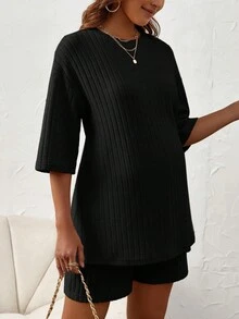 SHEIN Maternity Solid Drop Shoulder Tee & Adjustable Waist Shorts - Black - View 6