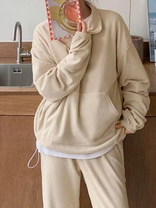 DAZY Half Zip Kangaroo Pocket Drop Shoulder Sweatshirt Without Tee - Apricot - View 7