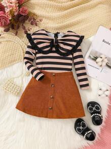 SHEIN Baby Girl Striped Print Statement Collar Tee & Button Front Skirt - Coffee Brown - View 1