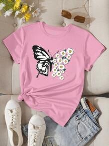 INAWLY Floral And Butterfly Print Tee - Pink - View 1