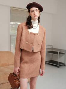 Solid Color Double-Breasted Square Collar Elegant Short Long Sleeve Jacket - Camel - View 7