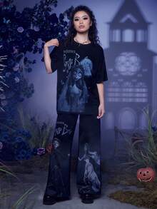 Corpse Bride | ROMWE Cartoon Figure & Letter Graphic Tee - Black - View 4