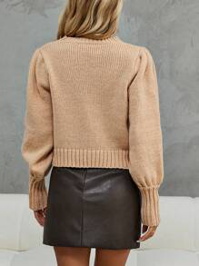SHEIN LUNE Áo len chui đầu tay phồng xẻ tà, màu trơn, thích hợp cho mùa thu đông. - Màu Khaki - Xem 2