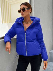 SHEIN Essnce Women's Plain Color Zip Collar Hooded Padded Casual Jacket, Winter - Royal Blue - View 5
