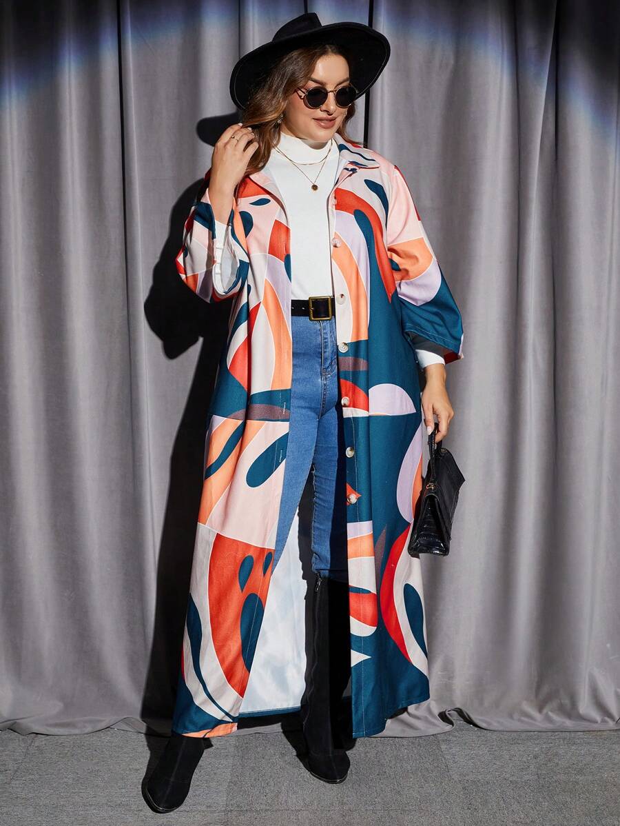 SHEIN LUNE 大碼幾何印花落肩大衣 - 彩色 - 查看 1