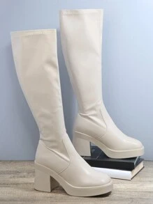 粗跟人造皮革高筒靴 - 米色 - 查看 2