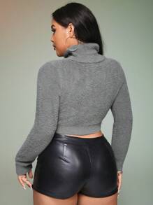 SHEIN ICON Plus Turtleneck Crop Sweater - Grey - View 2