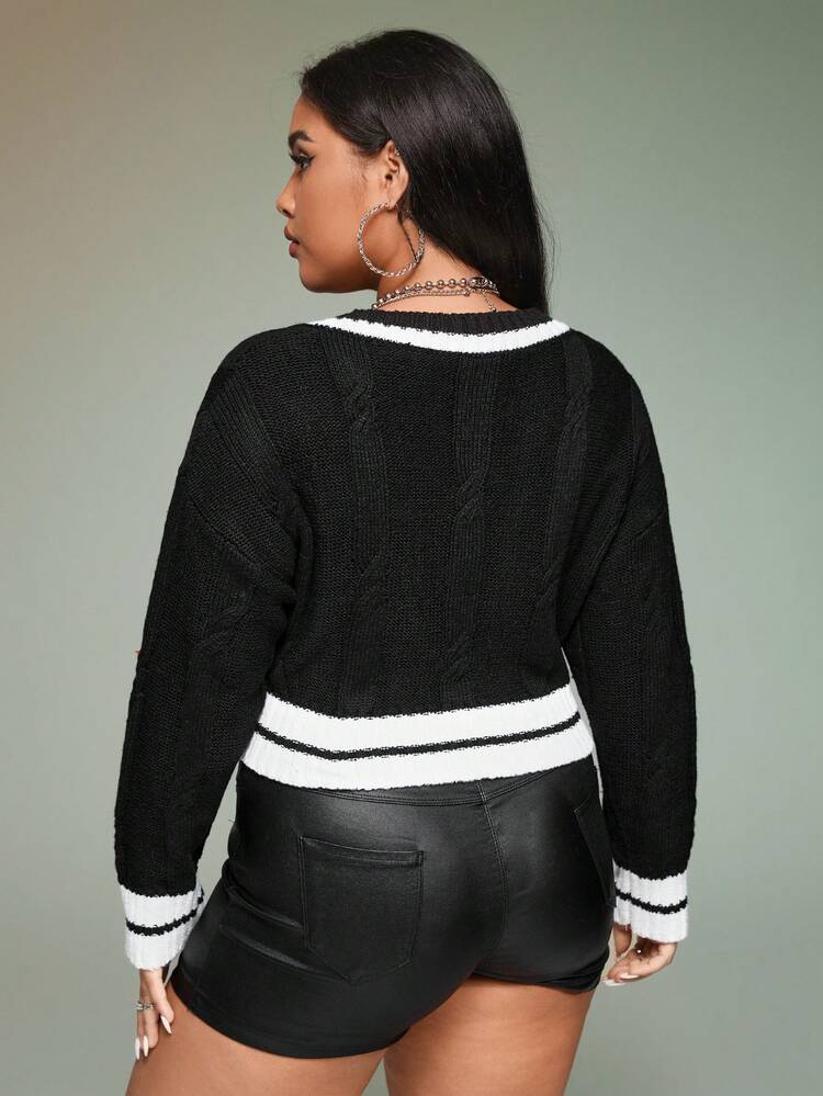 Plus Striped Trim Drop Shoulder Cricket Sweater