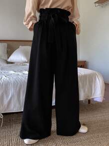 FRIFUL Paperbag Waist Wide Leg Suit Pants - Black - View 7