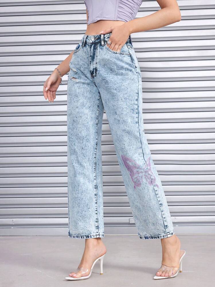 High Waist Chinese Dragon Graphic Ripped Straight Leg Jeans