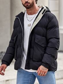 Manfinity Homme Loose-Fit Men's Hooded Padded Coat With Flap Pockets And Drawstring Hem - Black - View 6