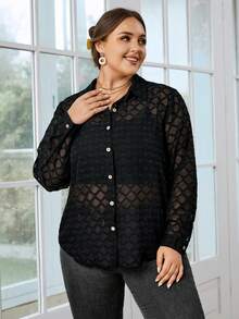 SHEIN Privé Plus Button Front Shirt Without Cami Top - Black - View 5