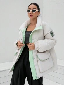 DAZY Letter Graphic Slant Pocket Puffer Thick Pockets Coat ,Winter Women Clothes,Winter Coat Women