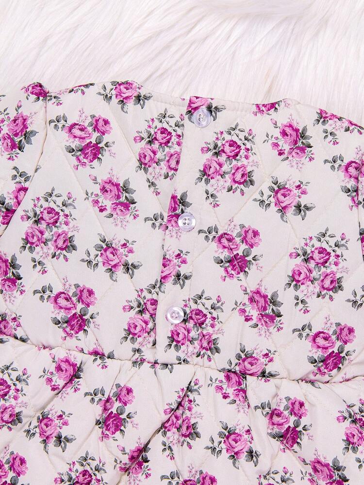 Baby Girl Floral Print Square Neck Lantern Sleeve Dress