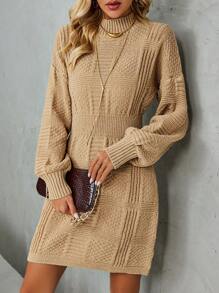 SHEIN Clasi Mock Neck Drop Shoulder Sweater Dress Fall Cloth For Women - Khaki - View 4