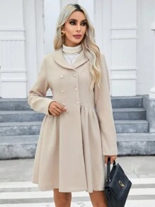 SHEIN Privé 青果領雙排扣大衣 - 杏色 - 查看 5