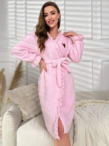 Heart Embroidery Ruffle Trim Belted Flannel Robe - Baby Pink - View 5