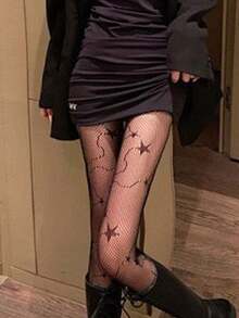 Goth 1pair Women Star Pattern Fishnet Tights - Black - View 4