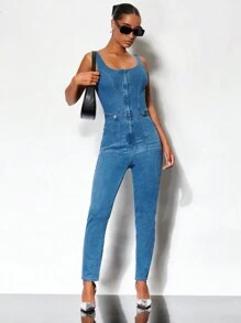 SHEIN BAE Zip Up Denim Jumpsuit - Blue - View 2