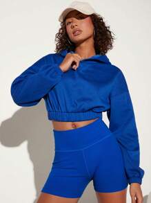 SHEIN BASICS Cozy Fleece Solid Drop Shoulder Crop Thermal Hoodie - Royal Blue - View 8