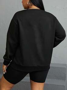 SHEIN EZwear Áo nỉ nữ cỡ lớn tối giản thông thường có in chữ, mùa thu/đông - màu đen - Xem 2