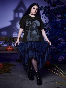 Corpse Bride | ROMWE Talla grande Camiseta de hombros caídos con estampado de dibujos animados - Negro - Ver 5