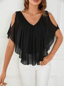 SHEIN Clasi Cold Shoulder Batwing Sleeve Tee - Black - View 5