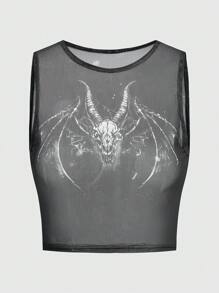 ROMWE Goth Skull & Wings Print Mesh Tank Top - Black - View 1
