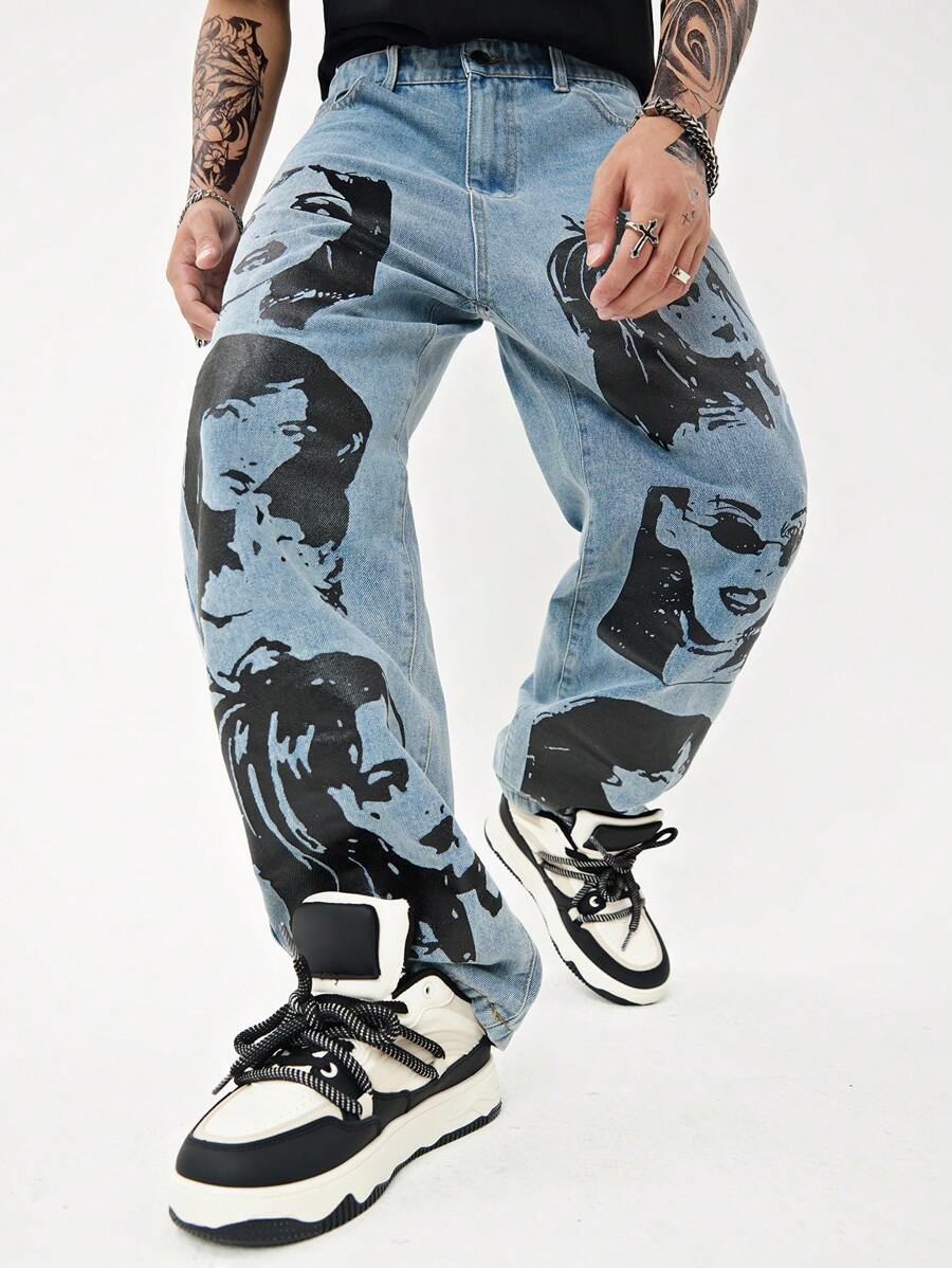 Manfinity LEGND 寬鬆男士人體印花直筒牛仔褲 - 藍色 - 查看 1