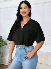 SHEIN EZwear Plus Flap Pocket Knot Hem Crop Blouse - Black - View 3