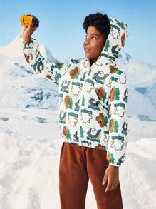 We Bare Bears X SHEIN Tween Boy Cartoon Graphic Hooded Jacket Spring And Autumn Style - White - View 5