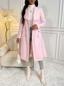 SHEIN LUNE 青果領雙排釦翻蓋口袋花呢外套 - 粉色 - 查看 4