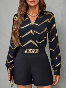 SHEIN LUNE 人字紋印花燈籠袖襯衫 - 黑色 - 查看 3