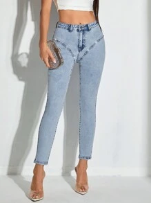 SHEIN BAE 高腰緊身九分牛仔褲 - 藍色 - 查看 4