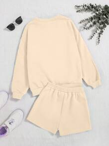 SHEIN Áo thun chui đầu và quần short thắt lưng có họa tiết chữ Tween Girl - Màu be - Xem 2