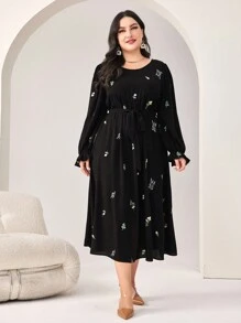 Al Najma 大碼印花荷葉袖繫腰帶洋裝 - 黑色 - 查看 5