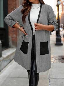 Calvaya 大碼雙口袋開門襟外套 - 灰色 - 查看 5