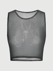 ROMWE Goth Skull & Wings Print Mesh Tank Top - Black - View 2