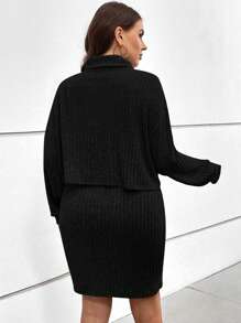 SHEIN Essnce Plus Turtleneck Drop Shoulder Tee & Slip Dress, For Winter - Black - View 2