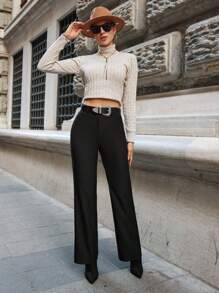 EURMUSE Chất rắn Cao eo quần ống rộng Quần tây - màu đen - Xem 5