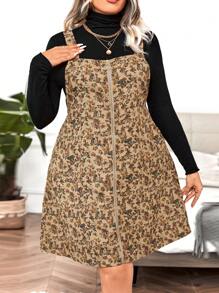 Calvaya Plus Ditsy Floral Print Zip Up Overall Dress Without Sweater - Brown - View 1