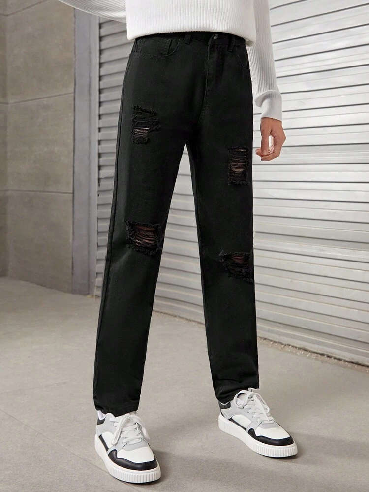 Teen Boy Ripped Washed Denim Casual Straight Leg Pants
