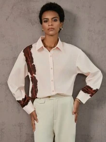 SHEIN Clasi 圖案印花落肩襯衫 - 香檳色 - 查看 5