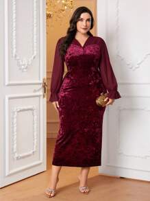 Modelyn 勃艮第红色加荷叶边袖开衩后背天鹅绒连衣裙（无腰带） - 酒紅色 - 查看 4