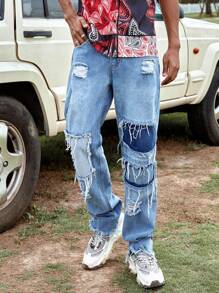 Manfinity EMRG Men Ripped Frayed Straight Leg Jeans - Light Wash - View 4