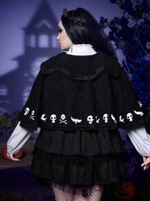 Corpse Bride | ROMWE Plus Skull Print Lace Up Front Cape Coat - Black - View 2